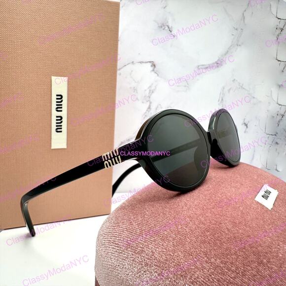 New MIU MIU Sunglasses Black Acetate Slim Round Gold Metal Logo Authentic Women main image 4